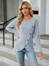 Light Blue Ribbed Knit Top with Asymmetrical Button Detail Sweater Pullovers