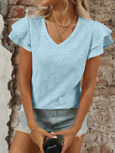Light Blue V-Neck Top with Ruffled Sleeves and Diamond Eyelet Pattern Woman T Shirts