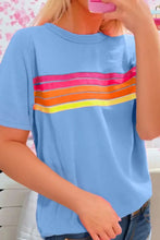 Light Blue Womens T Shirt with Colorful Stripes Woman T Shirts