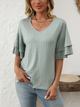 Light Green V-Neck Tiered Ruffle Sleeve Top for Women Sage Woman T Shirts