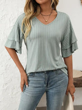 Light Green V-Neck Tiered Ruffle Sleeve Top for Women Woman T Shirts
