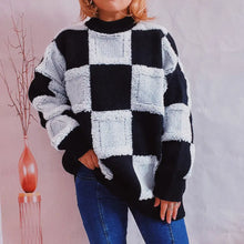 Long Sleeve Black and White Checkerboard Knit Sweater Black Sweater Pullovers