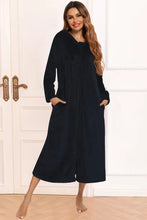 Long Sleeve Hooded Plush Robe with Pockets for Women Black Dresses