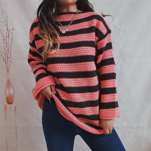 Long Sleeve Pink and Brown Striped Crochet Sweater Pullover Deep Rose Sweater Pullovers
