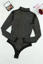 Sheer Black Long Sleeve Rhinestone Studded Bodysuit Woman Bodysuits