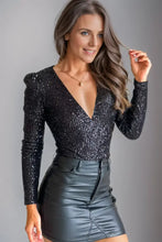 Long Sleeve Sequin Bodysuit with Leather Mini Skirt for Women Woman Bodysuits