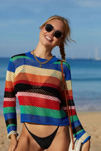 Colorful Long Sleeve Striped Open-Knit Crochet Sweater Cover-Up Swimwear Cover-Ups