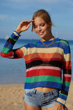 Colorful Long Sleeve Striped Open-Knit Crochet Sweater Cover-Up Swimwear Cover-Ups