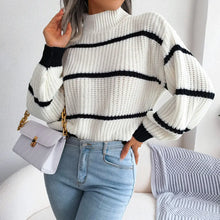 Long Sleeve White and Black Striped Sweater Pullover Sweater Pullovers