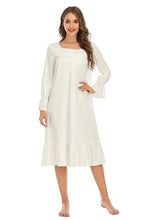 White Long Sleeve Cotton Nightgown with Lace Trim Dresses