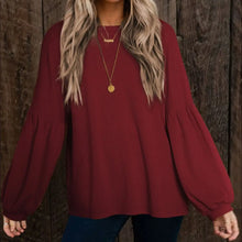 Round Neck Long Sleeve Ruched Blouse Wine Woman Blouses