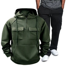 Mens Basic Style Hooded Pullover and Sweatpants Two Piece Set Army Green M Mens Sets
