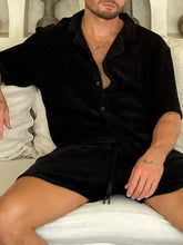 Mens Textured Two Piece Short Set Lounge Outfit Black Mens Sets