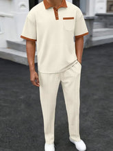 Mens Waffle Knit Polo Shirt and Pants Two Piece Set Beige Mens Sets