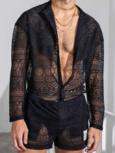 Mens White Lace Romper Set with Open Shirt Black Mens Sets