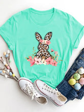 Mint Green T-Shirt with Leopard Print Bunny and Floral Design Aqua Woman T Shirts