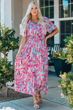 Multicolored Floral Print V-Neck Maxi Dress with Short Sleeves Hot Pink Maxi Dresses