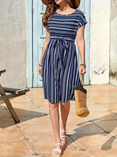 Navy and White Striped Tie Waist Dress Casual Dresses