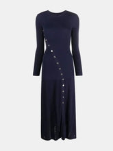 Navy Blue Long Sleeve Knit Dress with Decorative Buttons Woman Sweater Dresses