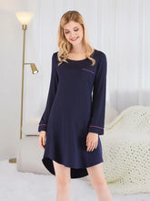 Navy Blue Long Sleeve Nightgown with Pink Trim Dark Navy Dresses