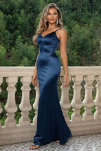 Navy Blue Satin Backless Evening Gown Peacock Blue Evening Dresses
