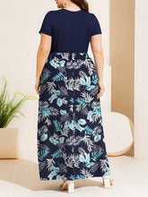 Navy Floral Maxi Dress with Round Neck and Short Sleeves Maxi Dresses