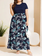 Navy Floral Maxi Dress with Round Neck and Short Sleeves Leaf Maxi Dresses