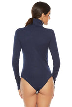 Navy Blue Long Sleeve Ribbed Turtleneck Bodysuit for Women Woman Bodysuits