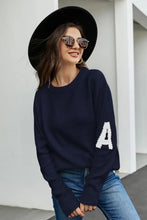 Navy Round Neck Sweater with White Sleeve Letter Long Regular Sleeves Sweater Pullovers
