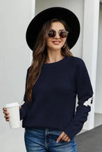 Navy Round Neck Sweater with White Sleeve Letter Long Regular Sleeves Sweater Pullovers