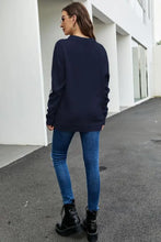 Navy Round Neck Sweater with White Sleeve Letter Long Regular Sleeves Sweater Pullovers