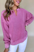 Notched Drop Shoulder Long Sleeve Sweatshirt Red-Violet Woman Sweatshirts