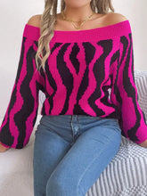 Off Shoulder Zebra Stripe Sweater Pink and Black Acrylic Pullover Sweater Pullovers