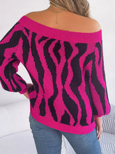 Off Shoulder Zebra Stripe Sweater Pink and Black Acrylic Pullover Sweater Pullovers
