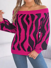 Off Shoulder Zebra Stripe Sweater Pink and Black Acrylic Pullover Sweater Pullovers