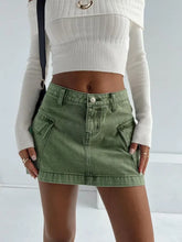 Olive Green Denim Cargo Mini Skirt with Pockets Gum Leaf Woman Skirts