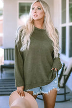 Olive Green Long Sleeve Waffle Knit Top with Side Slits Matcha Green Woman Sweatshirts