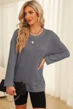 Olive Green Long Sleeve Waffle Knit Top with Side Slits Woman Sweatshirts