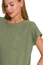 Olive Green Textured Knit Round Neck Short Sleeve Top for Women Woman T Shirts