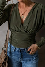 Olive Green V-Neck Wrap Blouse with Long Sleeves Woman Bodysuits