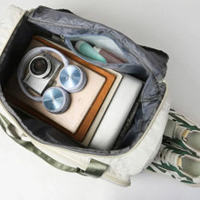 Oversize Quilted Duffel Bag in White Oxford Cloth with Green Straps Travel Bags