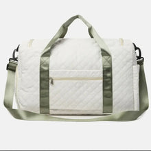 Oversize Quilted Duffel Bag in White Oxford Cloth with Green Straps Travel Bags