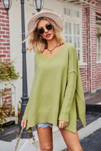 Oversized Green V-Neck Sweater with Long Sleeve Length Sweater Pullovers