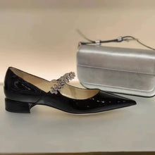 Patent Leather Mary Jane Shoes with Crystal and Jeweled Straps Black Woman Loafers