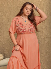 Peach Embroidered Maxi Dress with Ruffled Hem Maxi Dresses