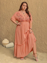Peach Embroidered Maxi Dress with Ruffled Hem Maxi Dresses