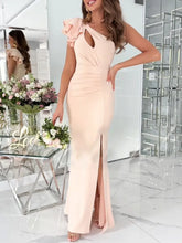 Peach One Shoulder Maxi Dress with Ruffled Sleeve and Thigh Slit Maxi Dresses