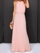 Peach Pleated Halter Maxi Dress in Polyester Blush Pink Maxi Dresses