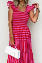 Pink and Red Striped Maxi Dress with Smocked and Ruffled Details Casual Dresses