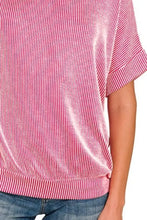 Pink and White Corded Rib Short Sleeve Blouse for Women Woman T Shirts